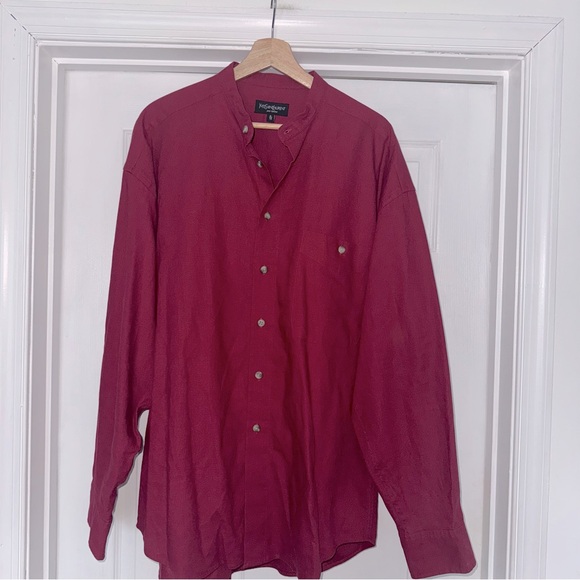 Yves Saint Laurent Raspberry Red Button-Up Shirt XL Linen Cotton Mandarin Neck - Picture 1 of 7